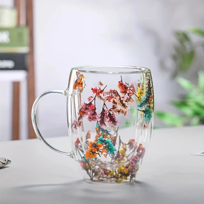 Dry Flowers Inside Glass Coffee Mug 350ml Cups