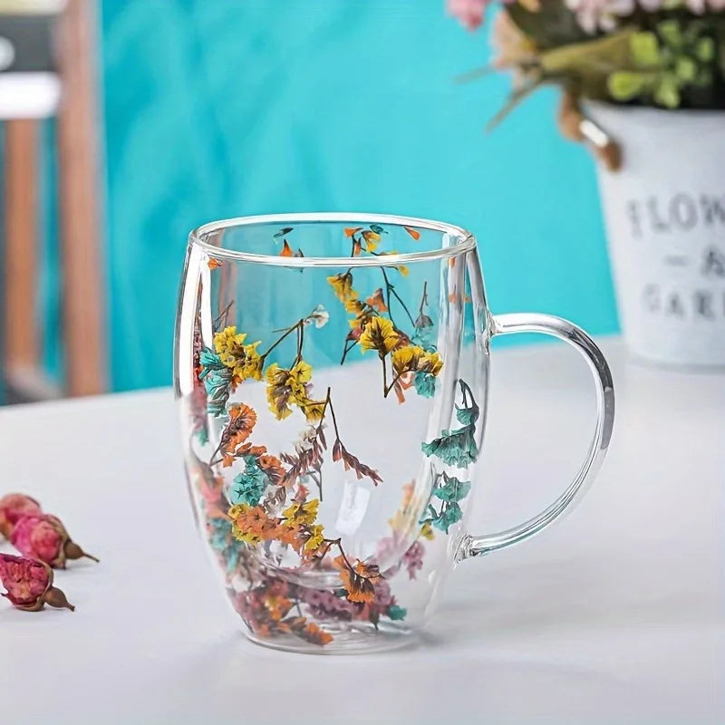 Dry Flowers Inside Glass Coffee Mug 350ml Cups