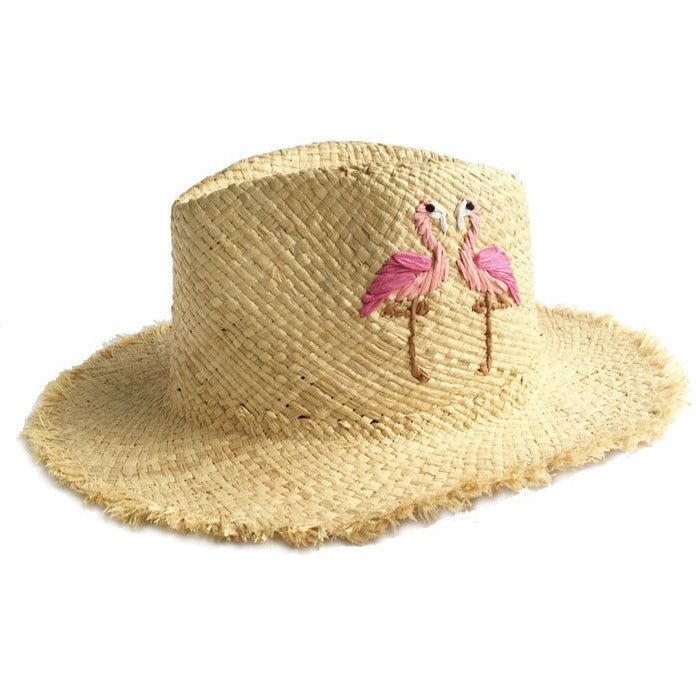 Flamingo Embroidered Straw Panama Hats