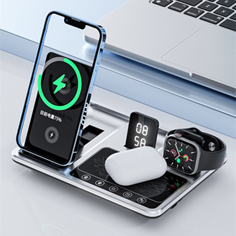 LED Wireless Charging Station, 4 in 1 Wireless Charger with Time Display