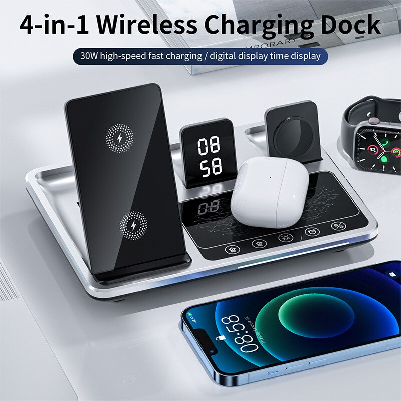 LED Wireless Charging Station, 4 in 1 Wireless Charger with Time Display