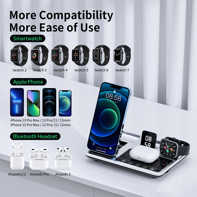 LED Wireless Charging Station, 4 in 1 Wireless Charger with Time Display