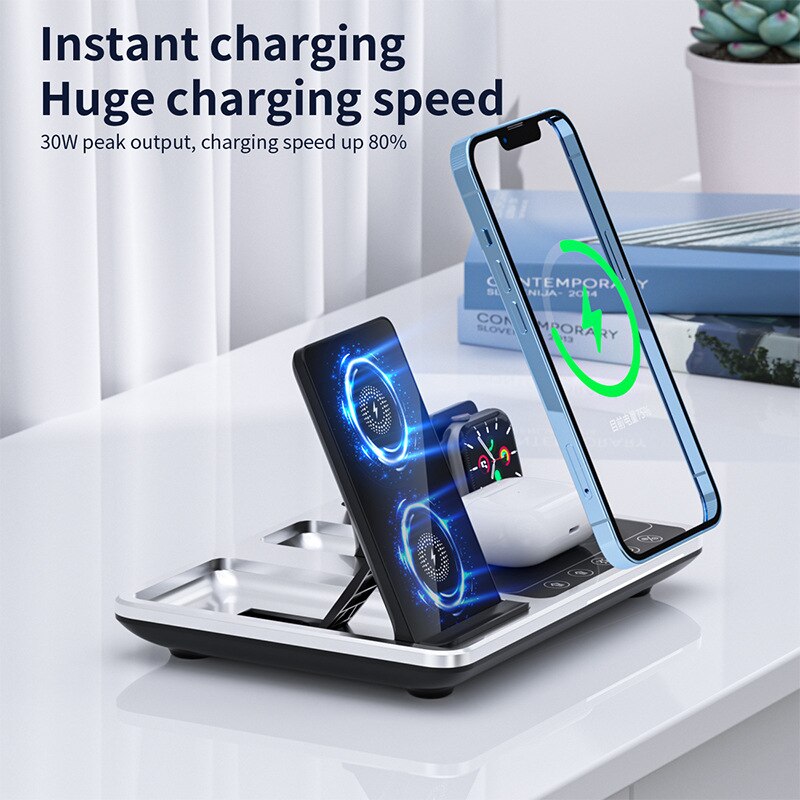 LED Wireless Charging Station, 4 in 1 Wireless Charger with Time Display