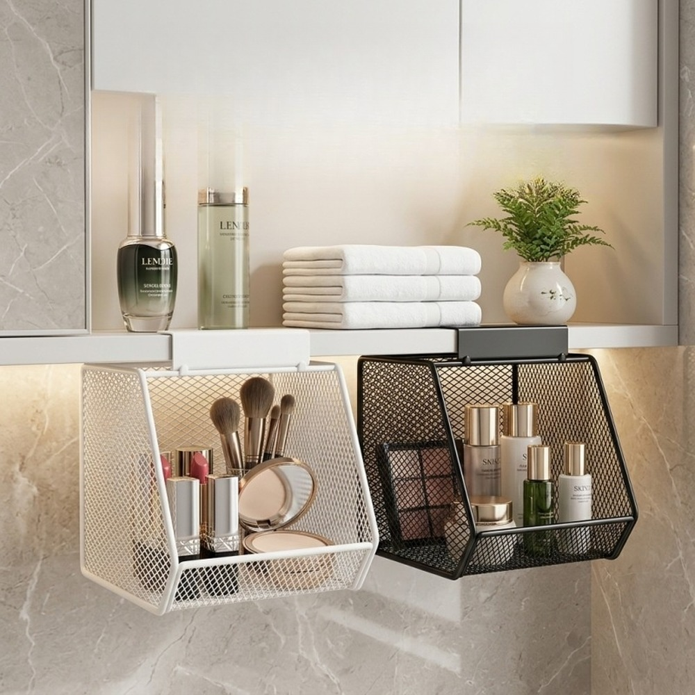 Black and white clip-on baskets organizing makeup under a shelf