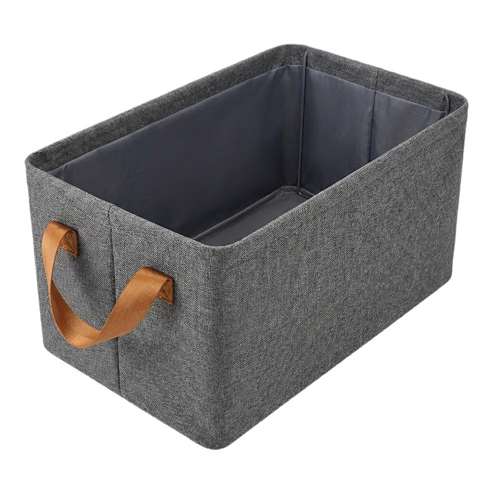 Collapsible gray cloth storage basket with two carry handles