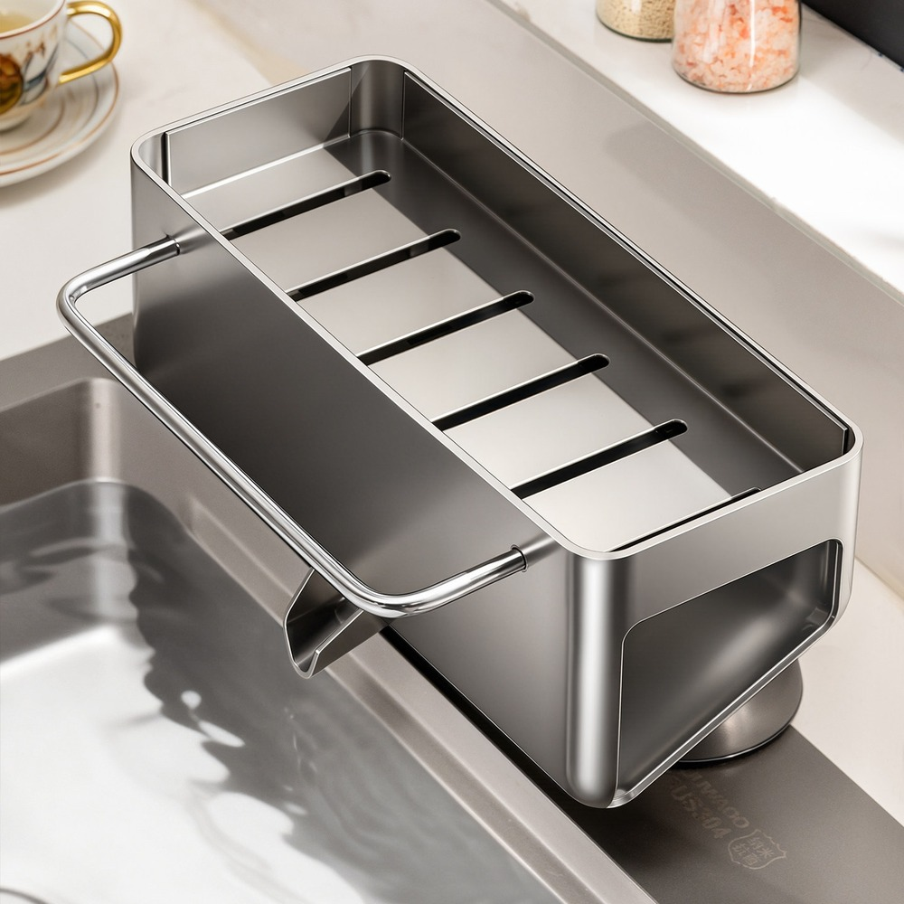 Self-draining kitchen sponge holder on sink edge