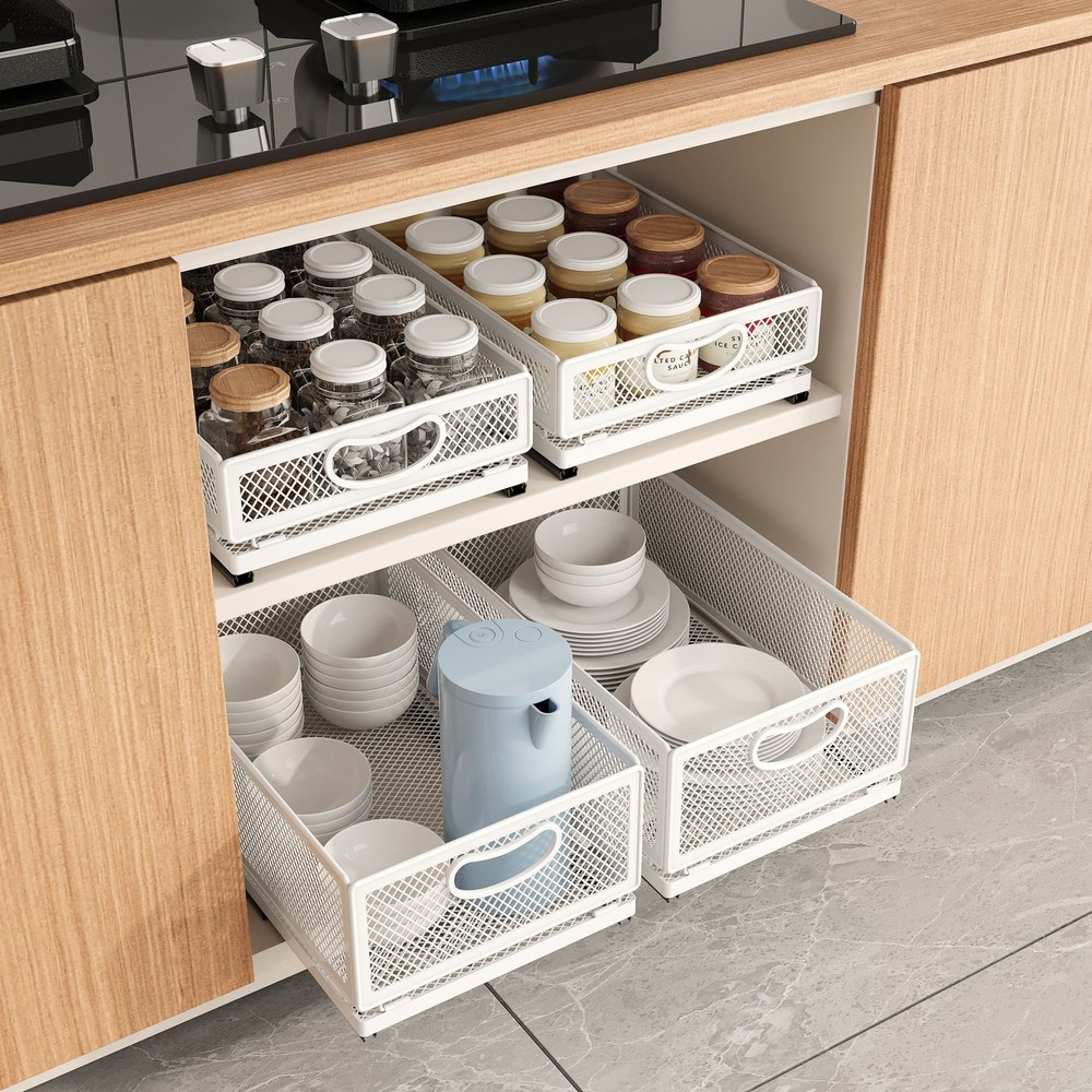 Wire mesh sliding drawers under a kitchen counter